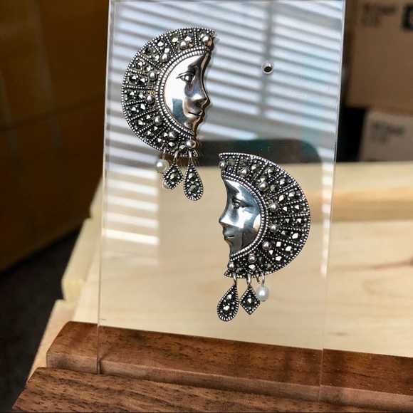 A925 Thailand Jewelry - Vintage Thailand Half Moon Face Sterling Silver Earrings with Marcasite Detail